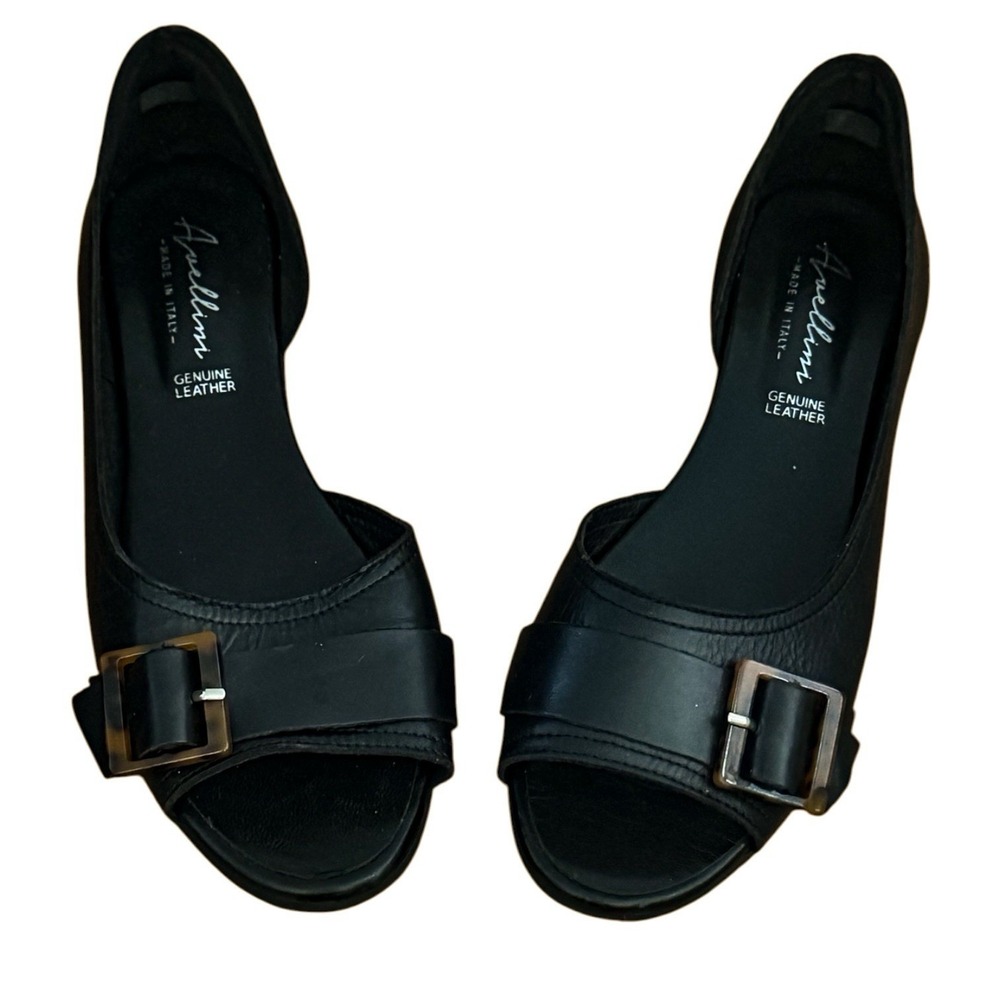 NWOB Avellini  Open Toe Women's Flats Black Leather Made in Italy Size 7.5